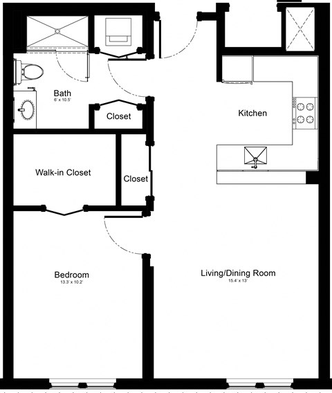 Floor plan for 1 bed, 1 bath, 670 sqft